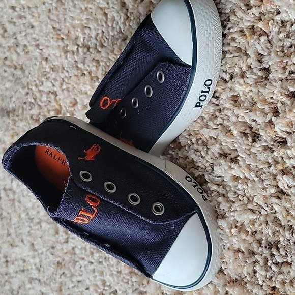 Polo Ralph Lauren Other - Polo by Ralph Lauren Navy Canvas Slip-On Sneakers with Orange Logo